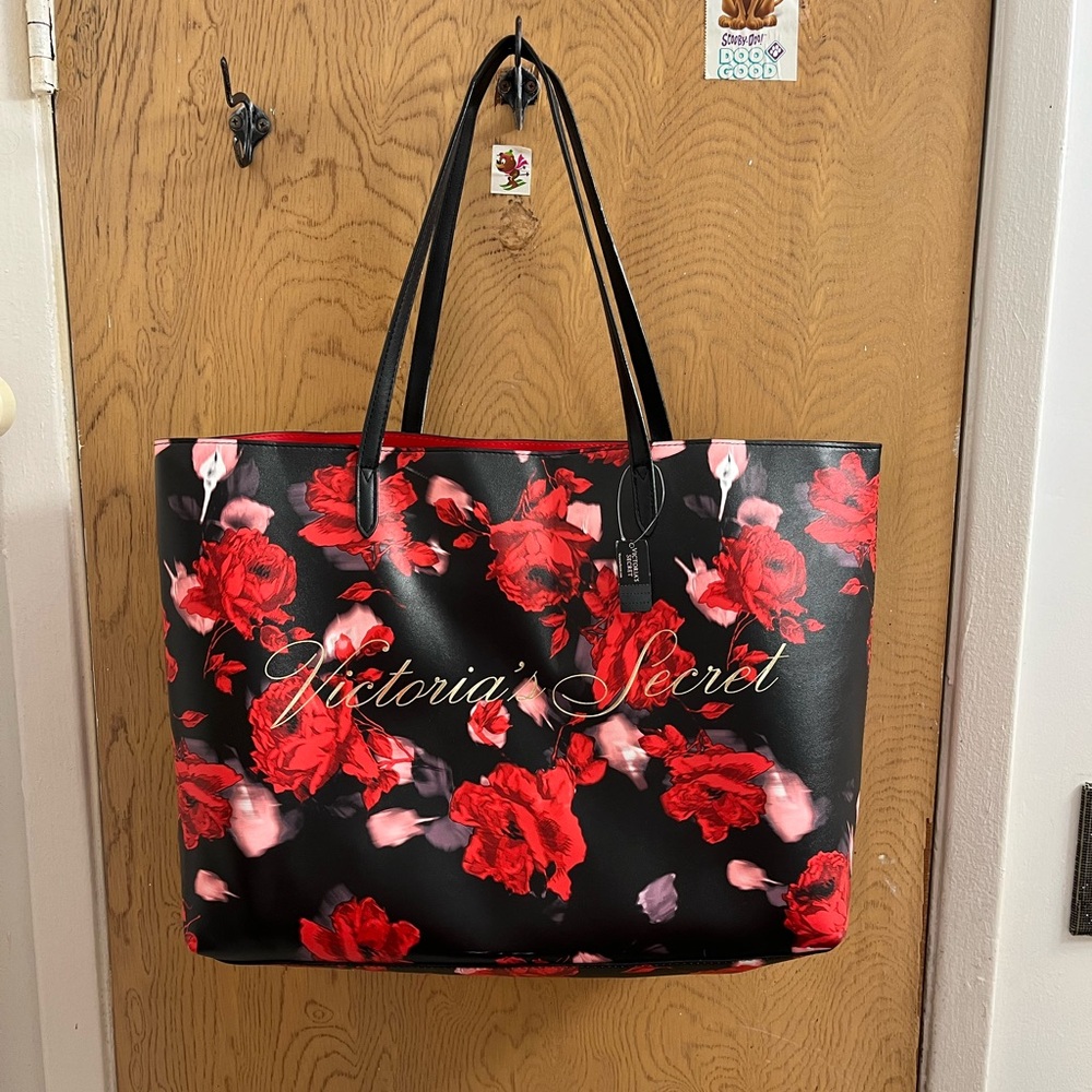 Victoria's Secret Black and Red Floral Tote Bag